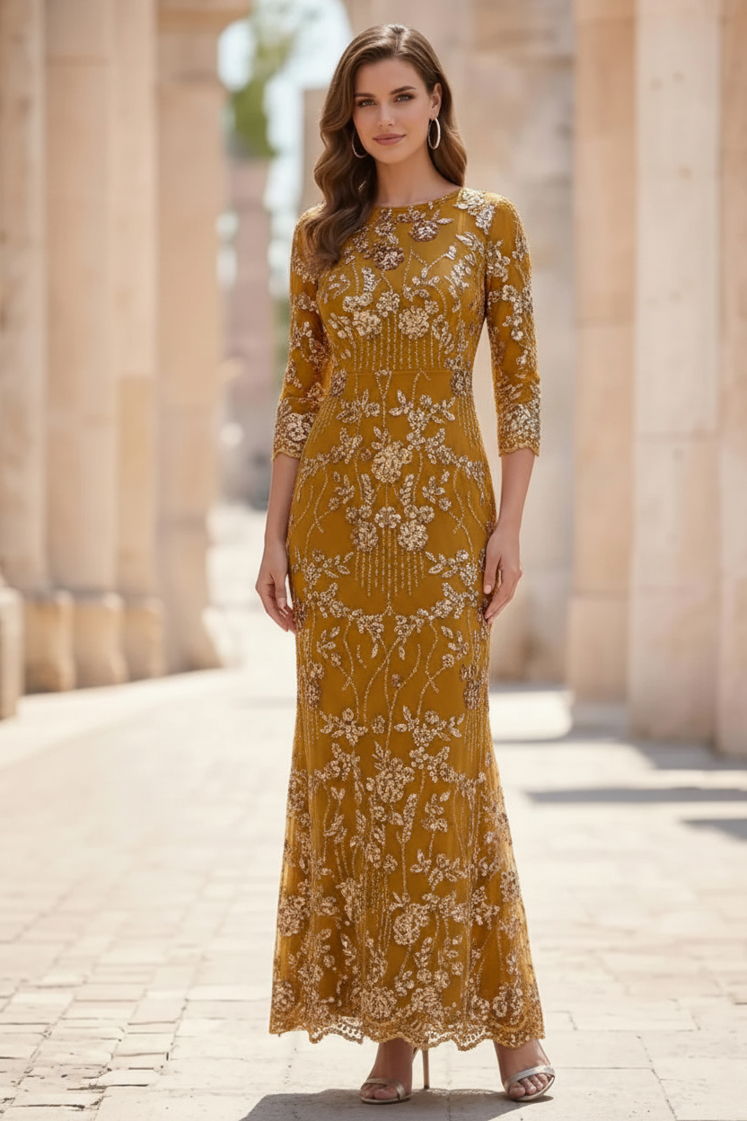 Sheath/Column Scoop Sequins Lace Mother of the Bride Dresses 3/4 Sleeves Floral Ankle-Length