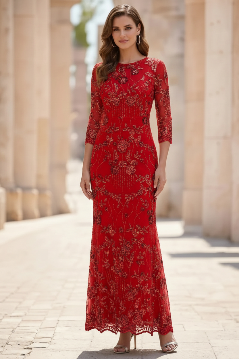 Sheath/Column Scoop Sequins Lace Mother of the Bride Dresses 3/4 Sleeves Floral Ankle-Length