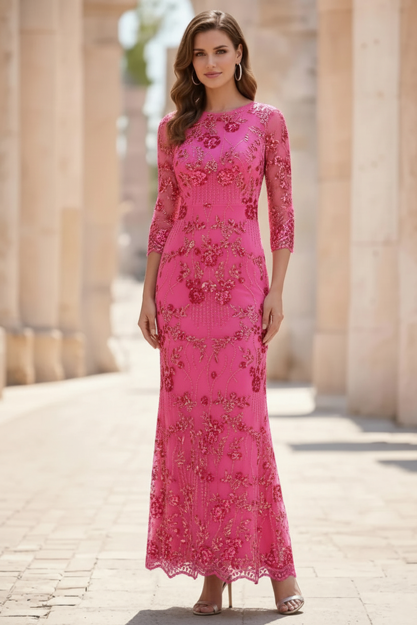 Sheath/Column Scoop Sequins Lace Mother of the Bride Dresses 3/4 Sleeves Floral Ankle-Length