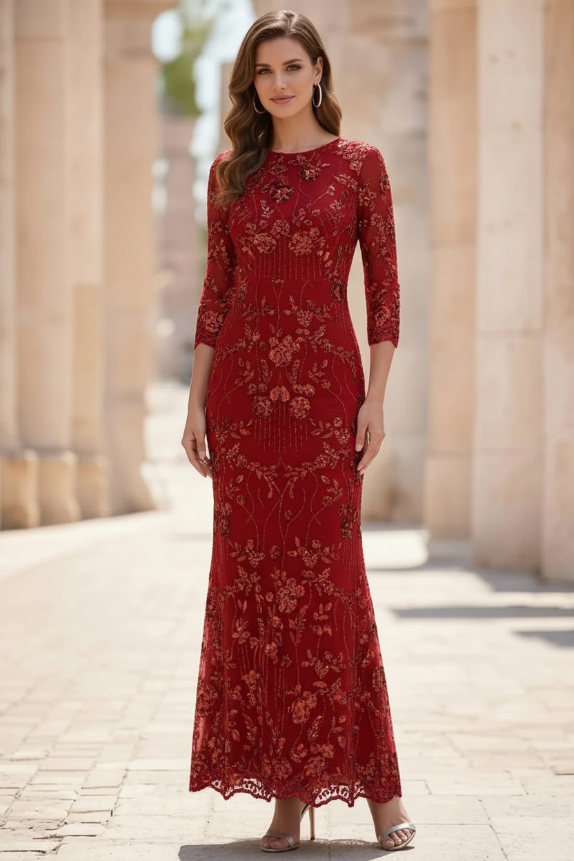 Sheath/Column Scoop Sequins Lace Mother of the Bride Dresses 3/4 Sleeves Floral Ankle-Length