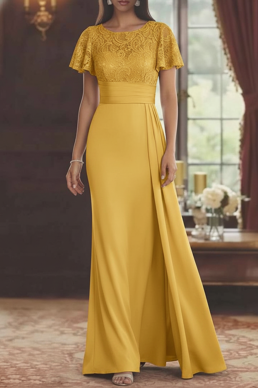 Sheath/Column Scoop Stretch Satin Mother of the Bride Dresses with Watteau Train Lace Floor-Length Short Sleeves