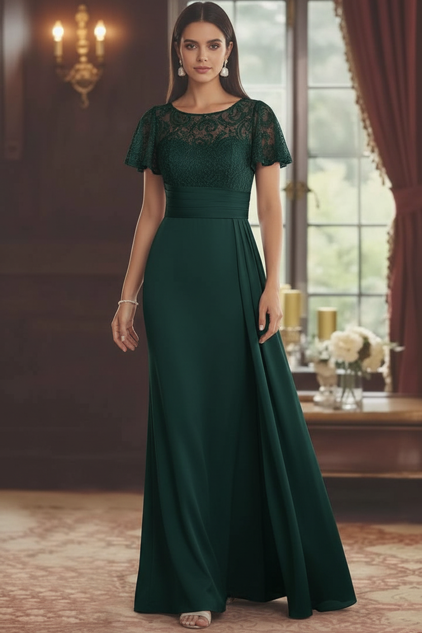 Sheath/Column Scoop Stretch Satin Mother of the Bride Dresses with Watteau Train Lace Floor-Length Short Sleeves
