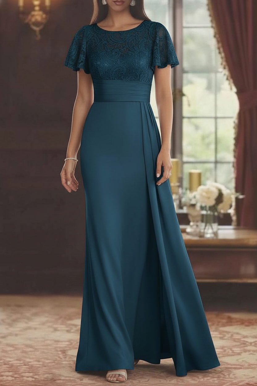 Sheath/Column Scoop Stretch Satin Mother of the Bride Dresses with Watteau Train Lace Floor-Length Short Sleeves