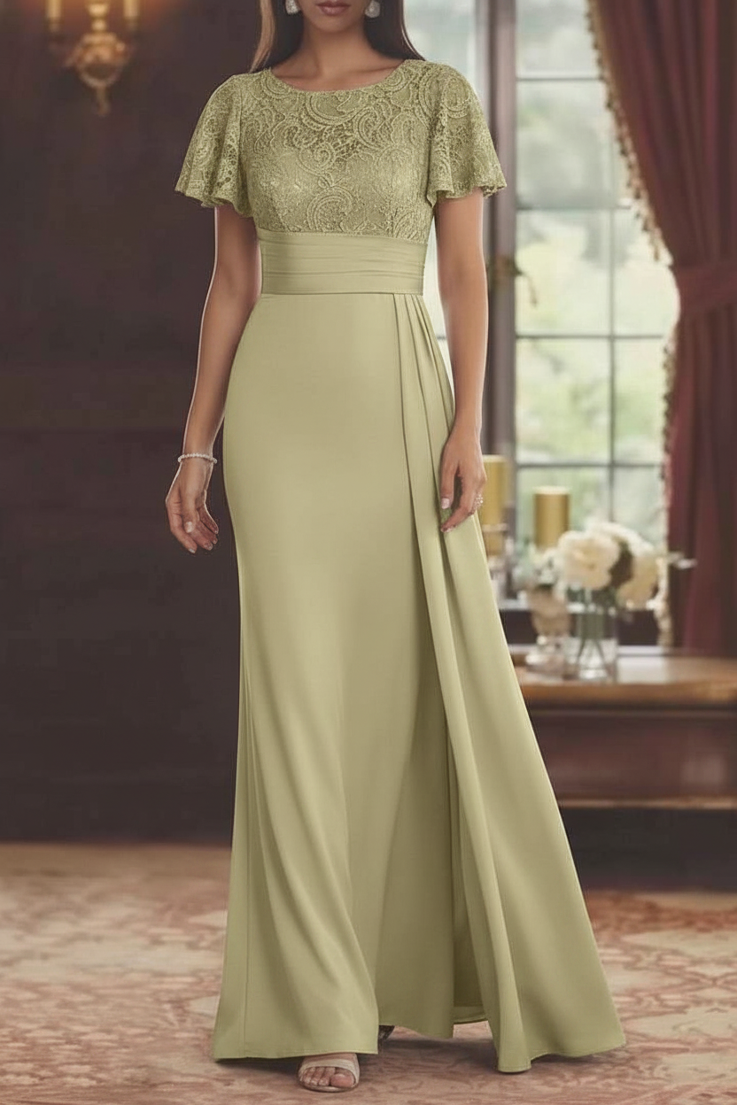 Sheath/Column Scoop Stretch Satin Mother of the Bride Dresses with Watteau Train Lace Floor-Length Short Sleeves