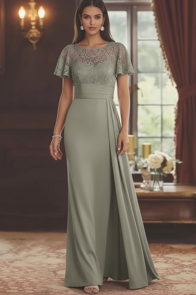 Sheath/Column Scoop Stretch Satin Mother of the Bride Dresses with Watteau Train Lace Floor-Length Short Sleeves