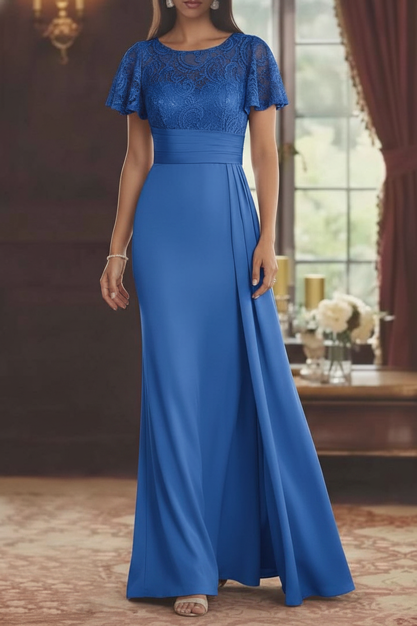Sheath/Column Scoop Stretch Satin Mother of the Bride Dresses with Watteau Train Lace Floor-Length Short Sleeves