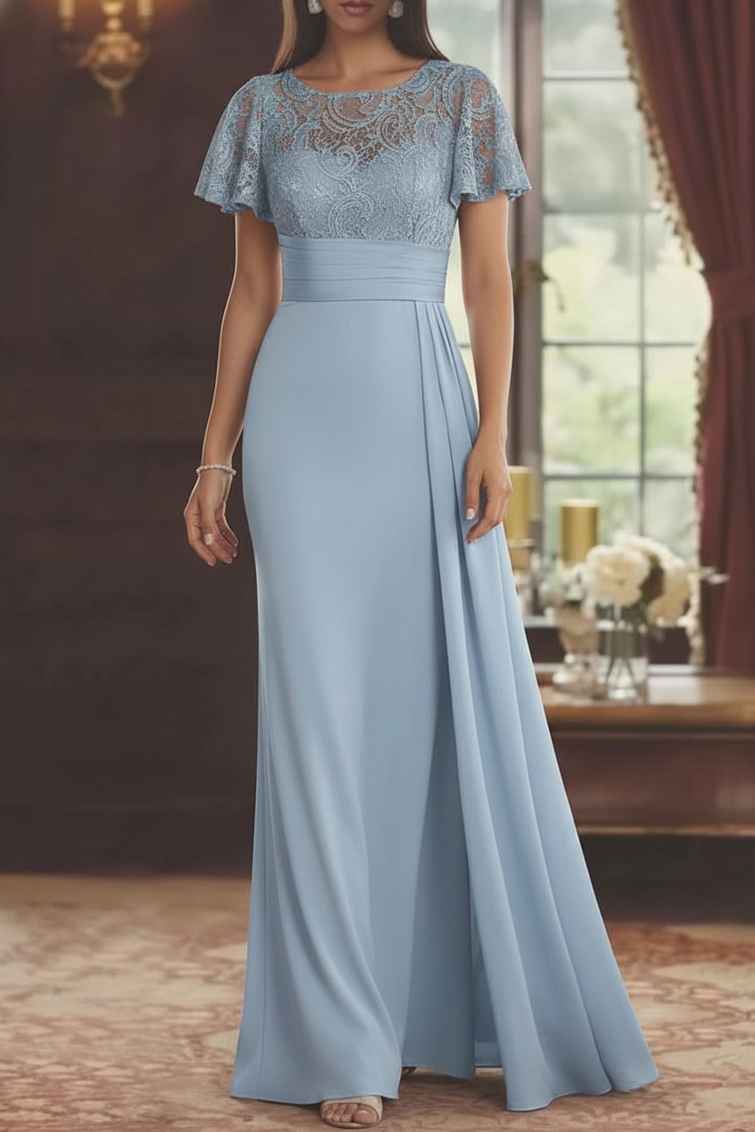 Sheath/Column Scoop Stretch Satin Mother of the Bride Dresses with Watteau Train Lace Floor-Length Short Sleeves