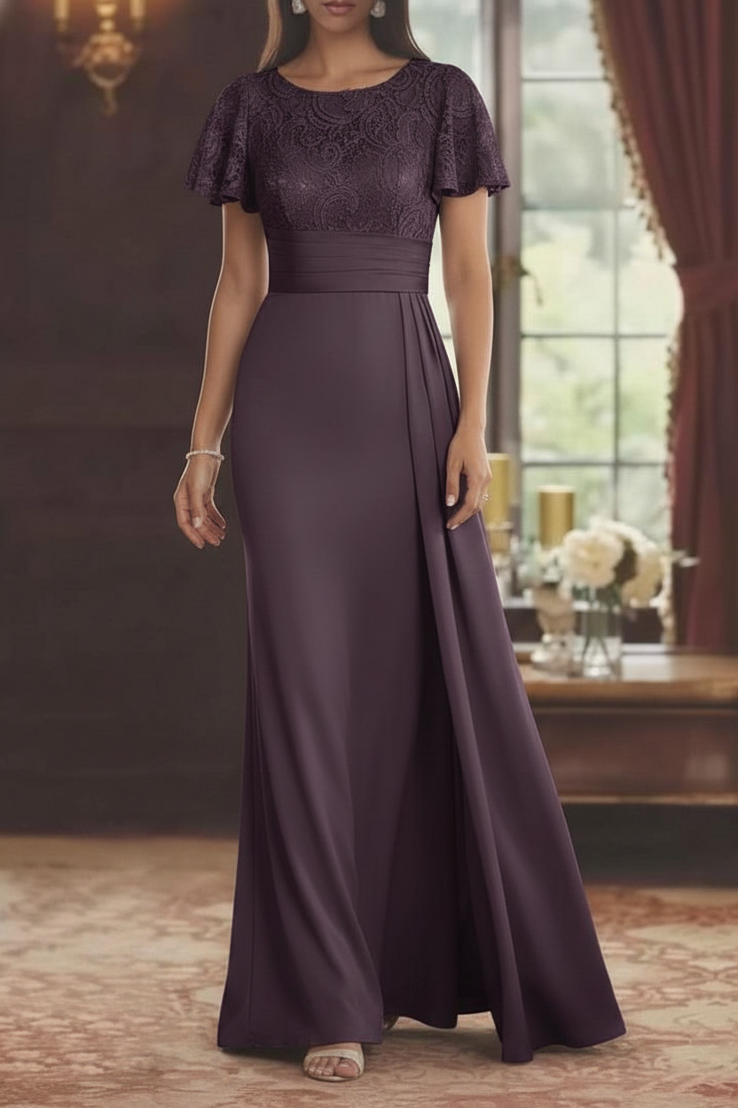 Sheath/Column Scoop Stretch Satin Mother of the Bride Dresses with Watteau Train Lace Floor-Length Short Sleeves