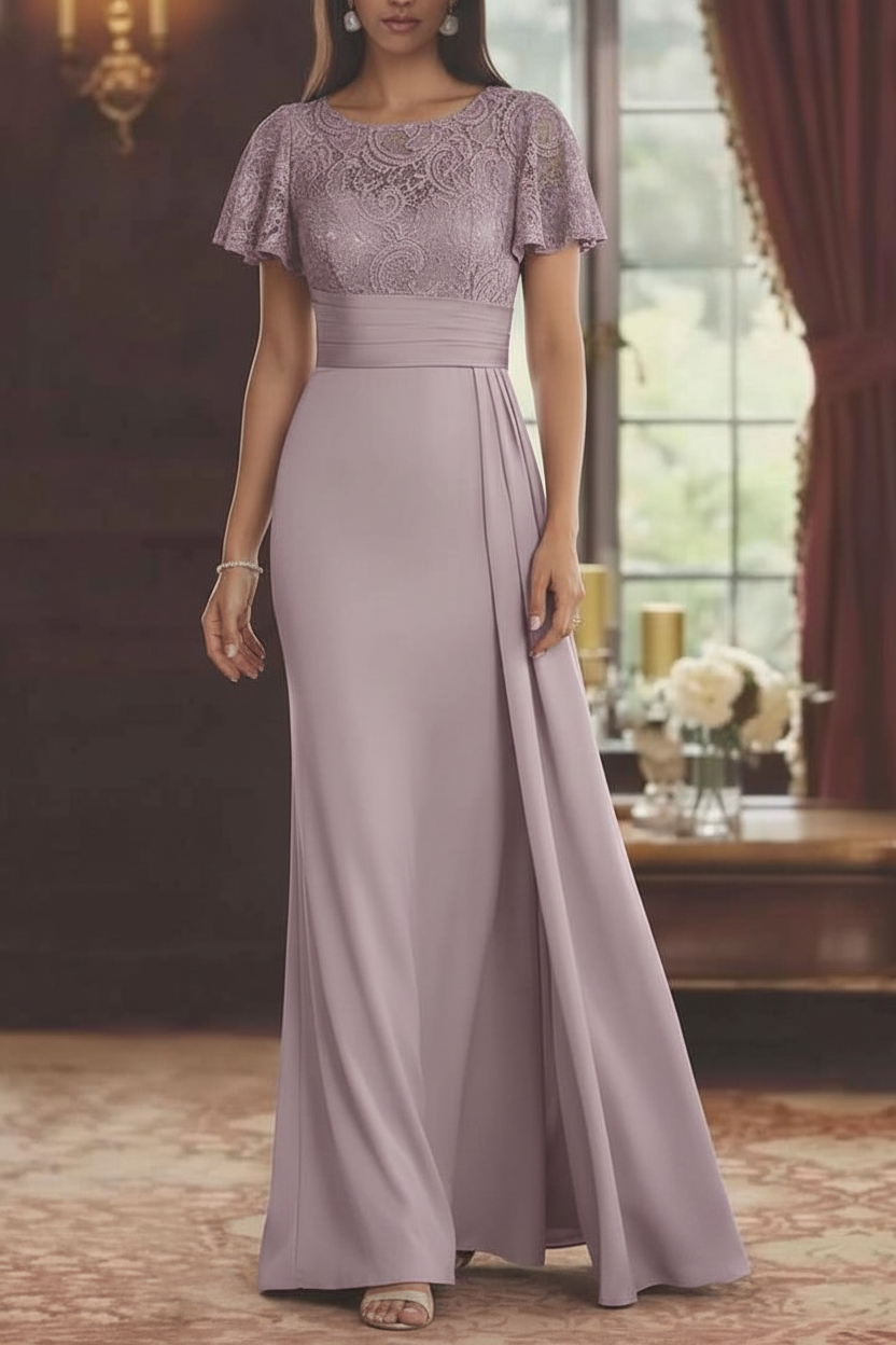 Sheath/Column Scoop Stretch Satin Mother of the Bride Dresses with Watteau Train Lace Floor-Length Short Sleeves