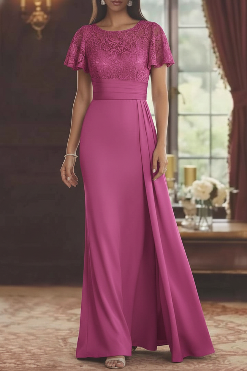 Sheath/Column Scoop Stretch Satin Mother of the Bride Dresses with Watteau Train Lace Floor-Length Short Sleeves