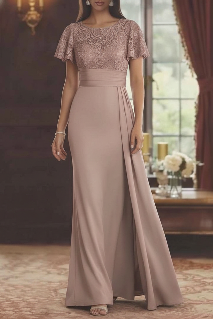 Sheath/Column Scoop Stretch Satin Mother of the Bride Dresses with Watteau Train Lace Floor-Length Short Sleeves