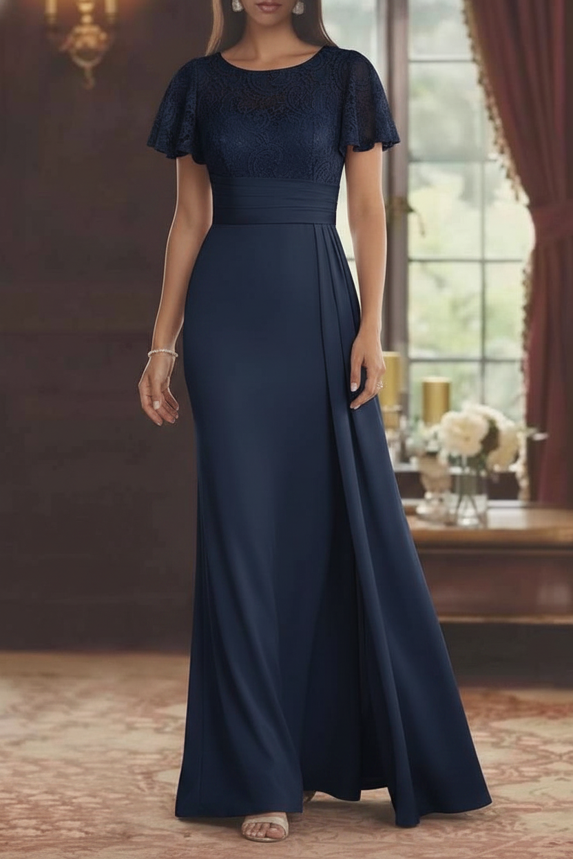 Sheath/Column Scoop Stretch Satin Mother of the Bride Dresses with Watteau Train Lace Floor-Length Short Sleeves