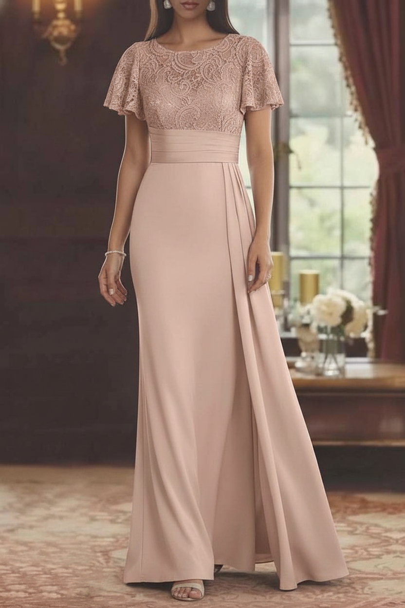 Sheath/Column Scoop Stretch Satin Mother of the Bride Dresses with Watteau Train Lace Floor-Length Short Sleeves