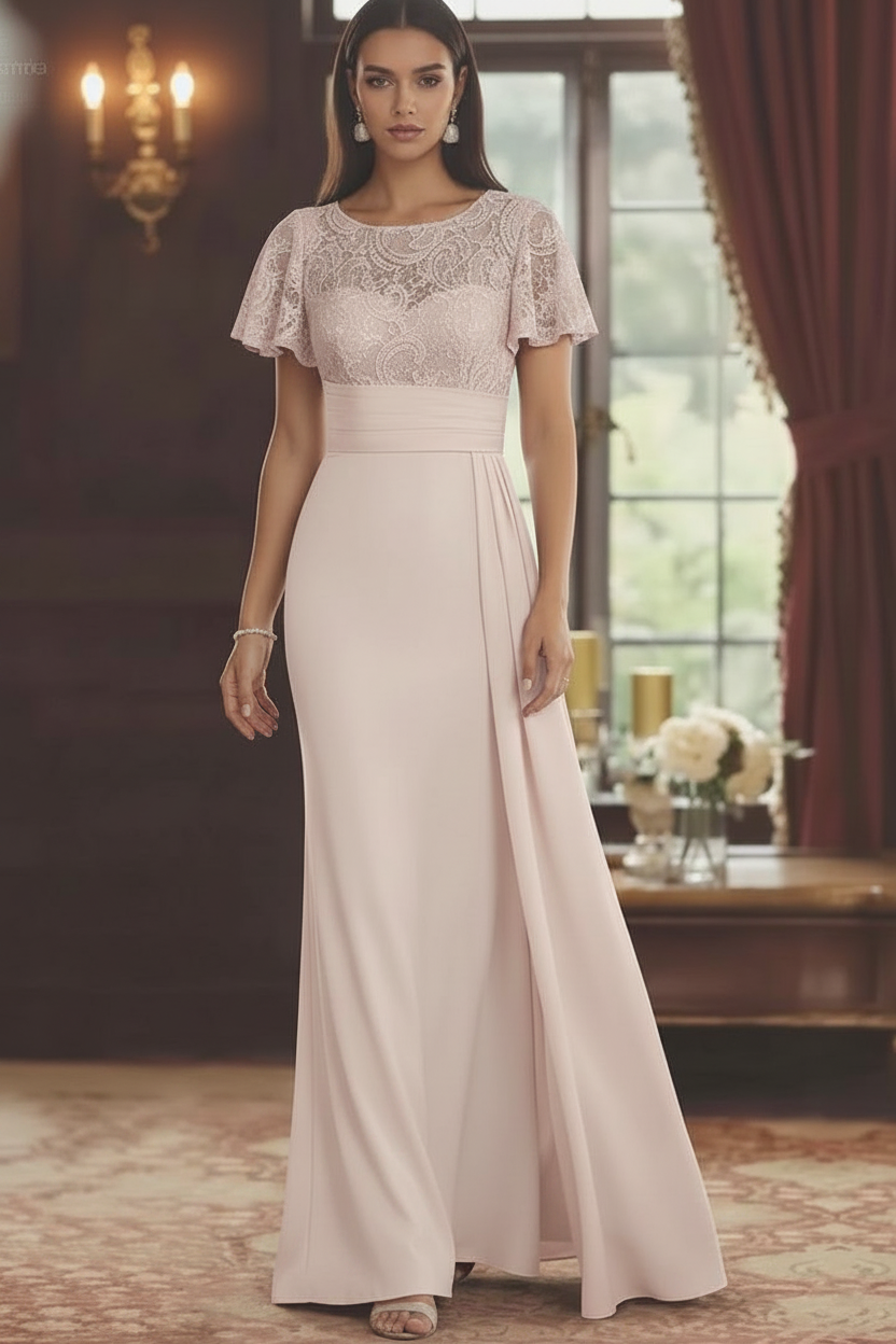 Sheath/Column Scoop Stretch Satin Mother of the Bride Dresses with Watteau Train Lace Floor-Length Short Sleeves