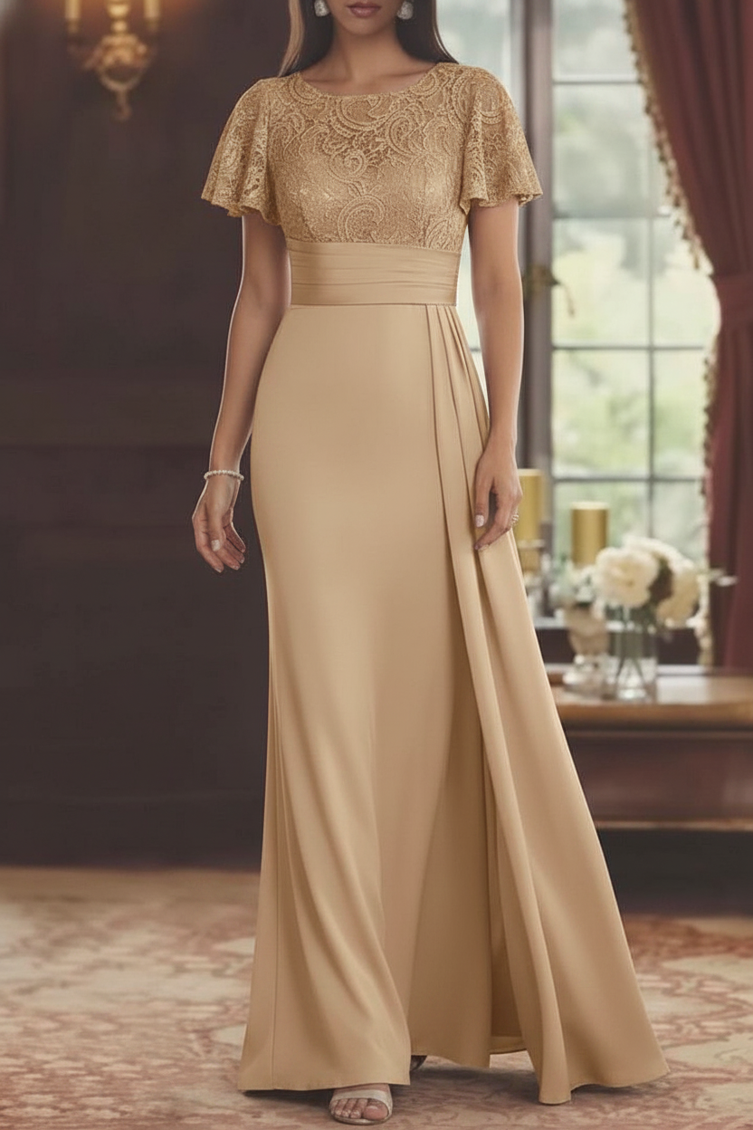 Sheath/Column Scoop Stretch Satin Mother of the Bride Dresses with Watteau Train Lace Floor-Length Short Sleeves