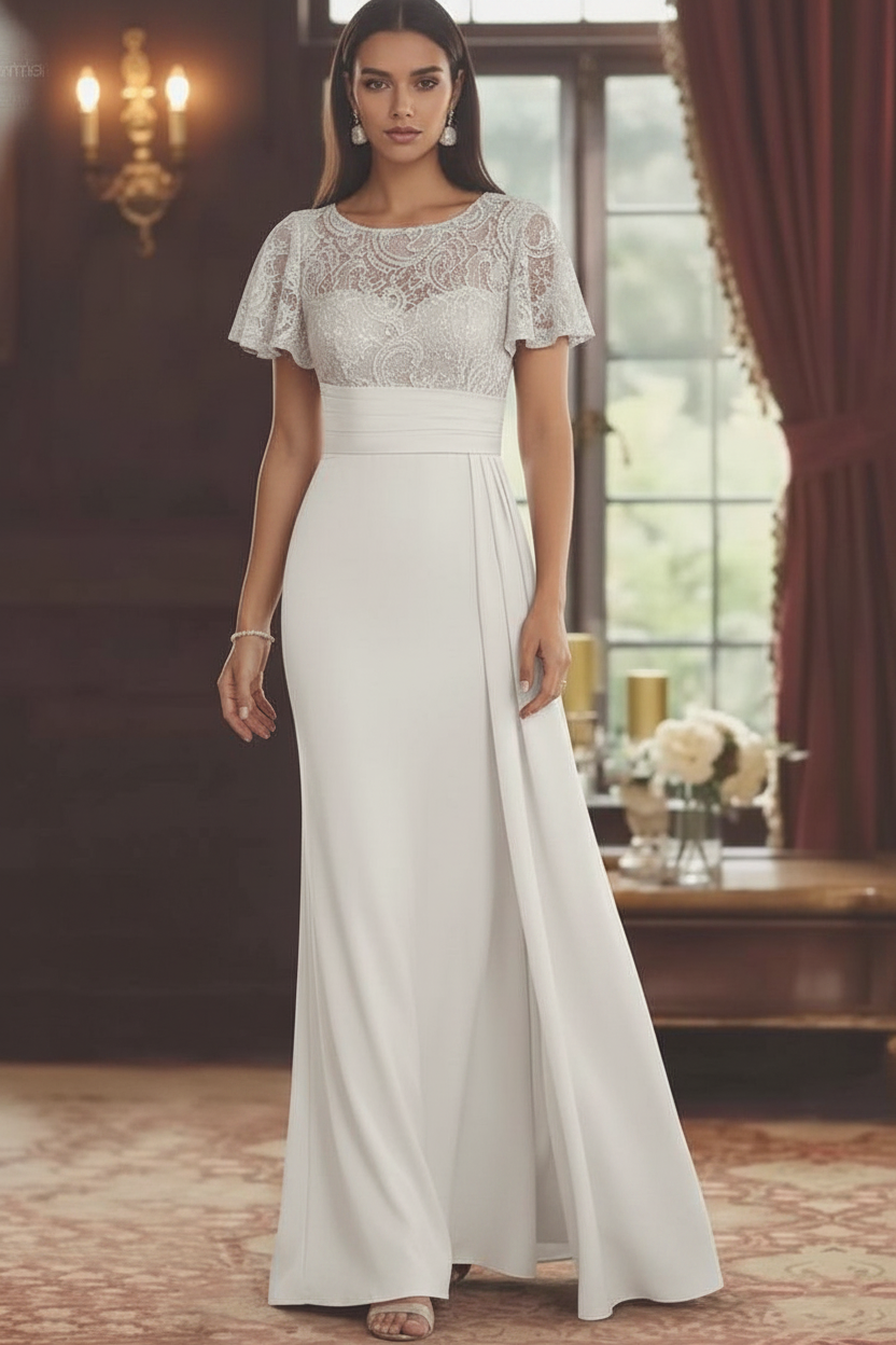 Sheath/Column Scoop Stretch Satin Mother of the Bride Dresses with Watteau Train Lace Floor-Length Short Sleeves