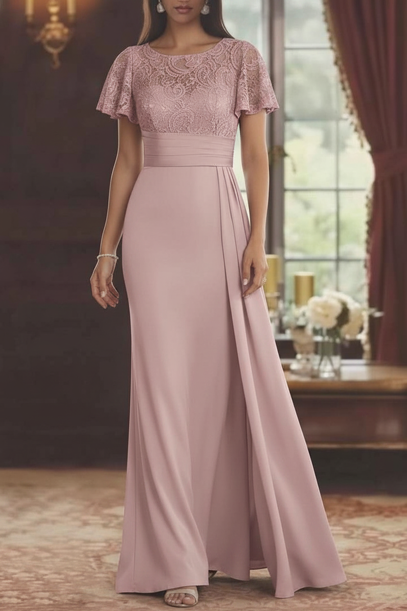 Sheath/Column Scoop Stretch Satin Mother of the Bride Dresses with Watteau Train Lace Floor-Length Short Sleeves