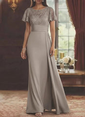 Sheath/Column Scoop Stretch Satin Mother of the Bride Dresses with Watteau Train Lace Floor-Length Short Sleeves