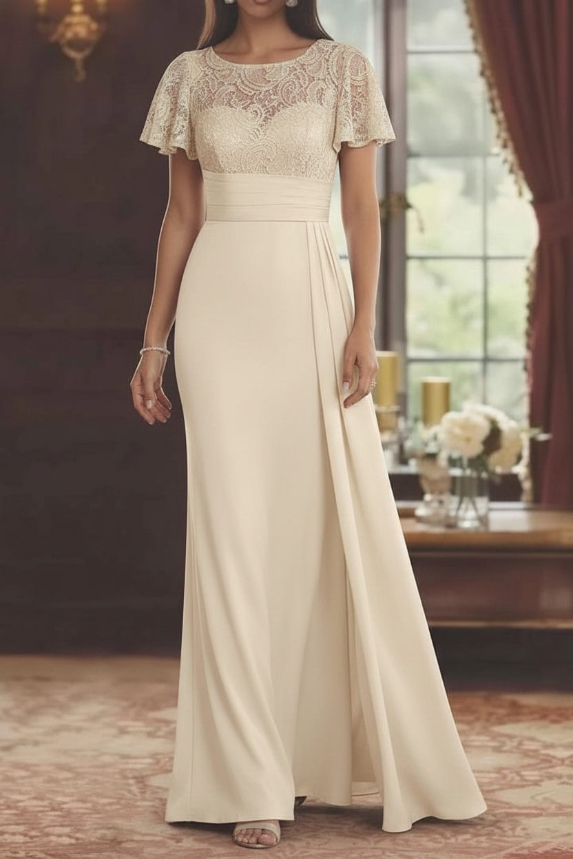 Sheath/Column Scoop Stretch Satin Mother of the Bride Dresses with Watteau Train Lace Floor-Length Short Sleeves