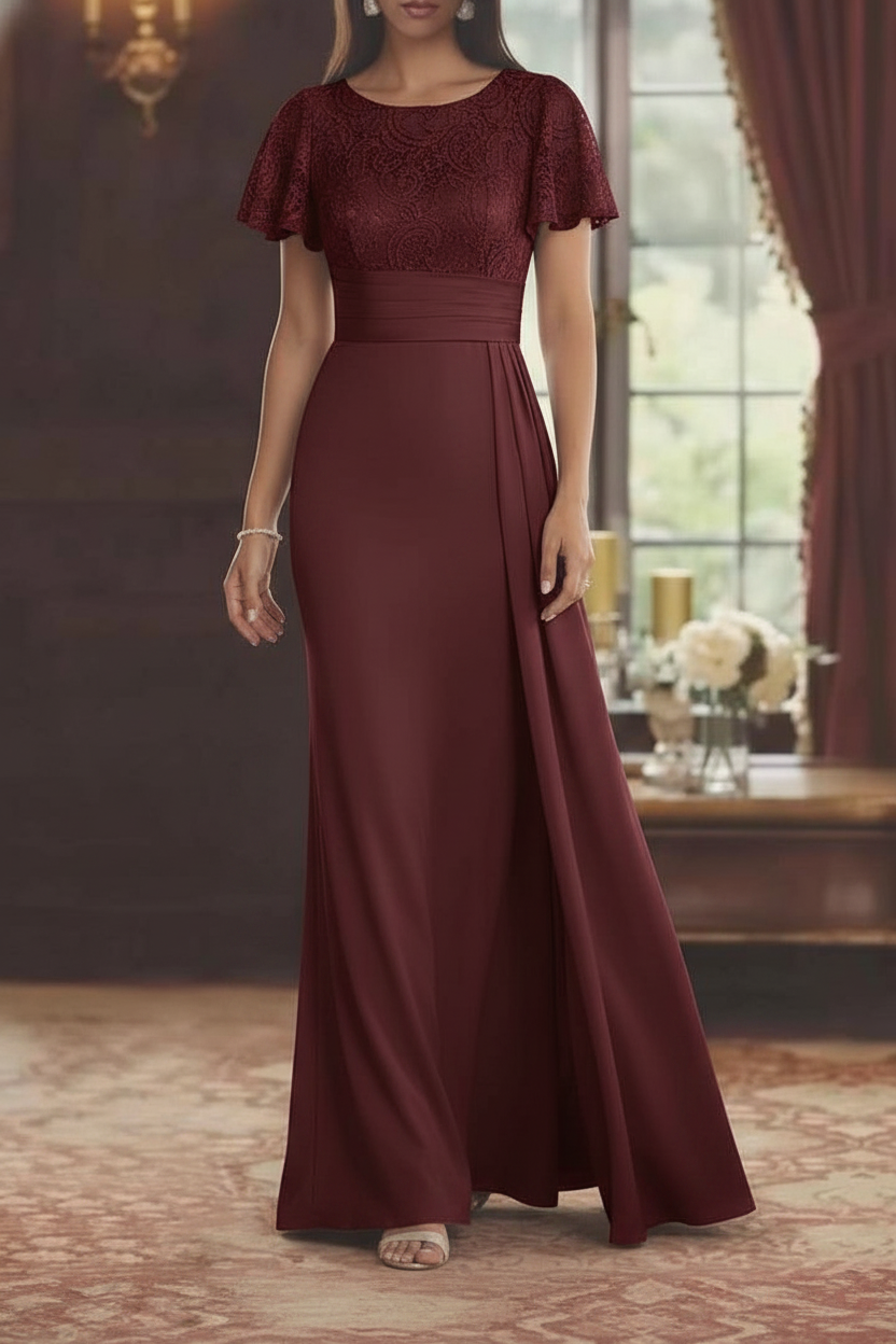 Sheath/Column Scoop Stretch Satin Mother of the Bride Dresses with Watteau Train Lace Floor-Length Short Sleeves