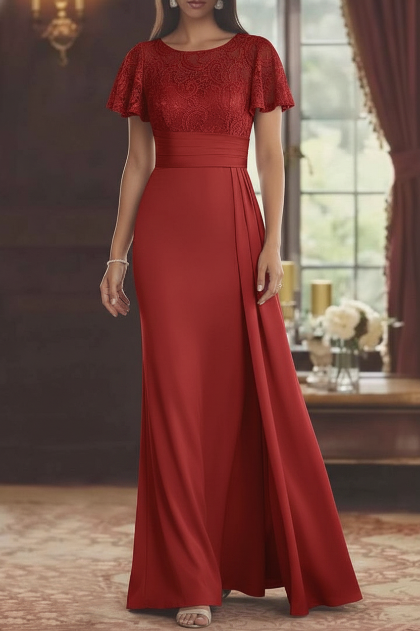 Sheath/Column Scoop Stretch Satin Mother of the Bride Dresses with Watteau Train Lace Floor-Length Short Sleeves