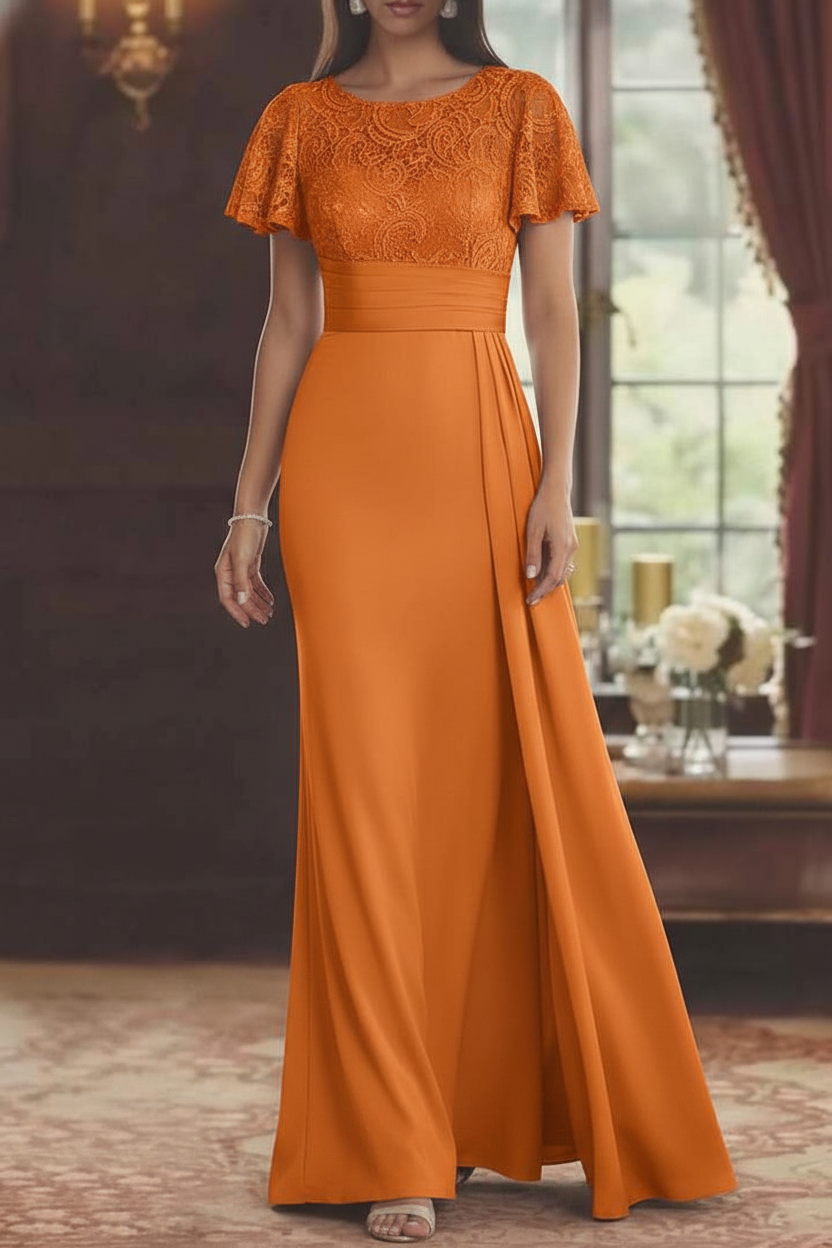 Sheath/Column Scoop Stretch Satin Mother of the Bride Dresses with Watteau Train Lace Floor-Length Short Sleeves