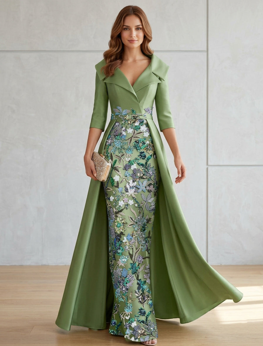 mother of the bride shirt dress gown A-Line Floor Length Satin Dress Wedding Guest Dress Formal Dresses Mother of the Bride Dress 3/4 Length Sleeve Shirt Collar Elegant Vintage Formal Wedding Guest Church Satin with Bow(s) 2026