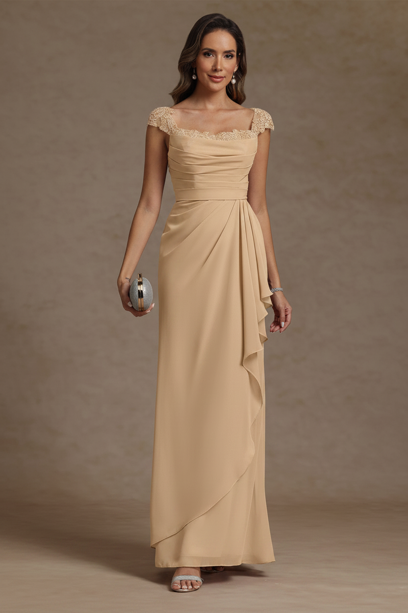 Sheath/Column Square Collar Chiffon Mother of the Bride Dresses Floor-Length Ruffles Ruched Sleeveless Lace