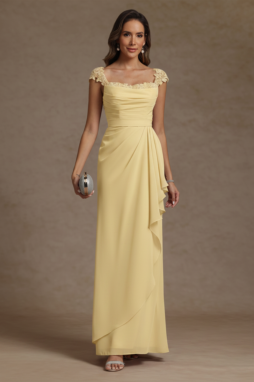 Sheath/Column Square Collar Chiffon Mother of the Bride Dresses Floor-Length Ruffles Ruched Sleeveless Lace
