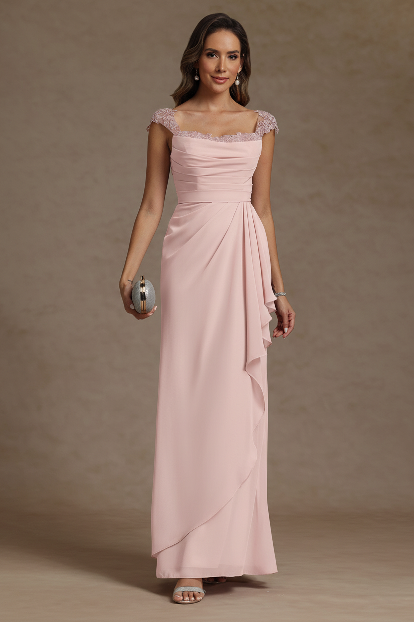 Sheath/Column Square Collar Chiffon Mother of the Bride Dresses Floor-Length Ruffles Ruched Sleeveless Lace