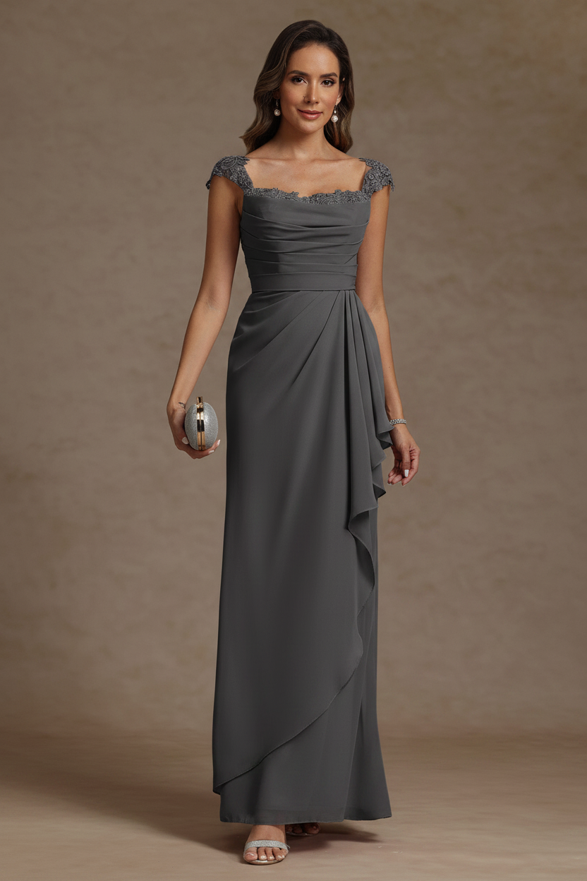 Sheath/Column Square Collar Chiffon Mother of the Bride Dresses Floor-Length Ruffles Ruched Sleeveless Lace