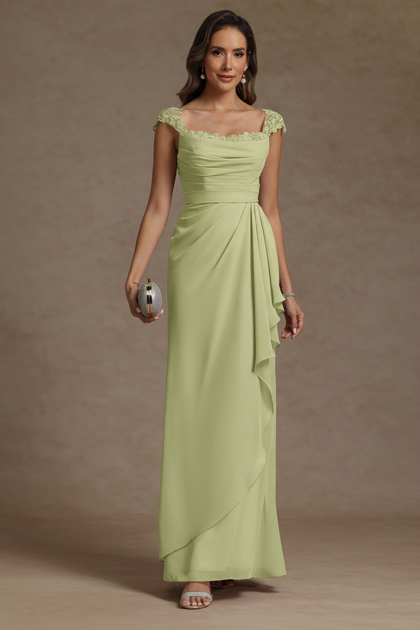 Sheath/Column Square Collar Chiffon Mother of the Bride Dresses Floor-Length Ruffles Ruched Sleeveless Lace