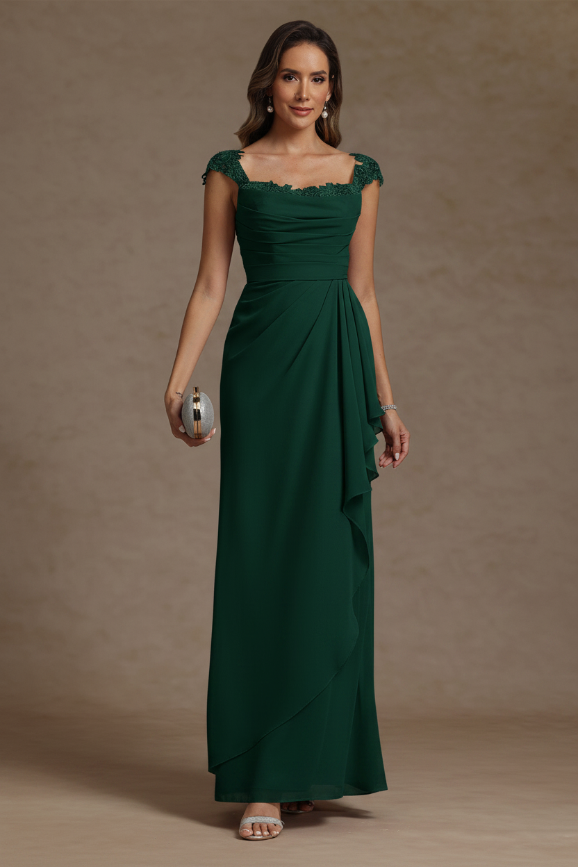 Sheath/Column Square Collar Chiffon Mother of the Bride Dresses Floor-Length Ruffles Ruched Sleeveless Lace