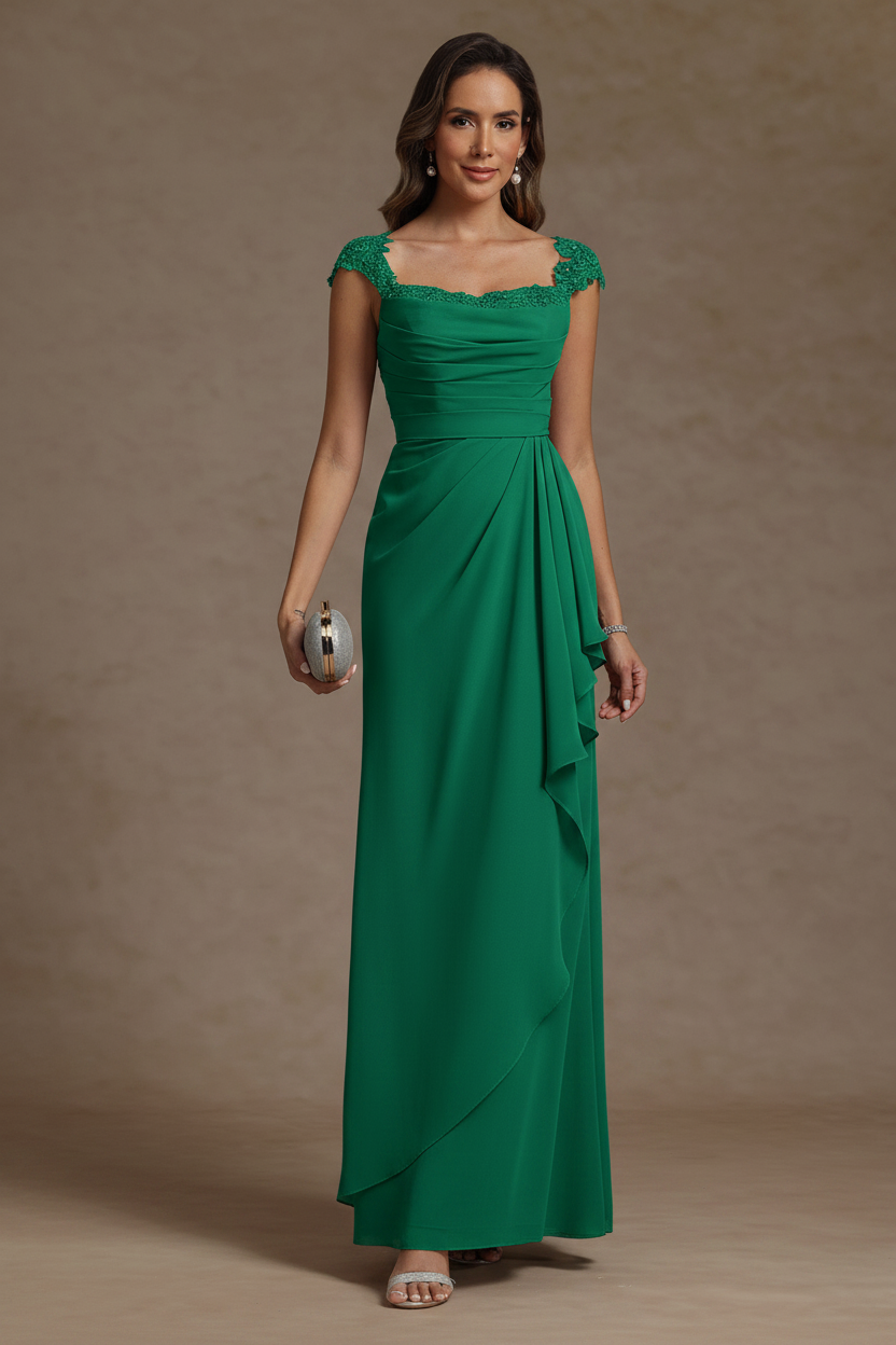 Sheath/Column Square Collar Chiffon Mother of the Bride Dresses Floor-Length Ruffles Ruched Sleeveless Lace