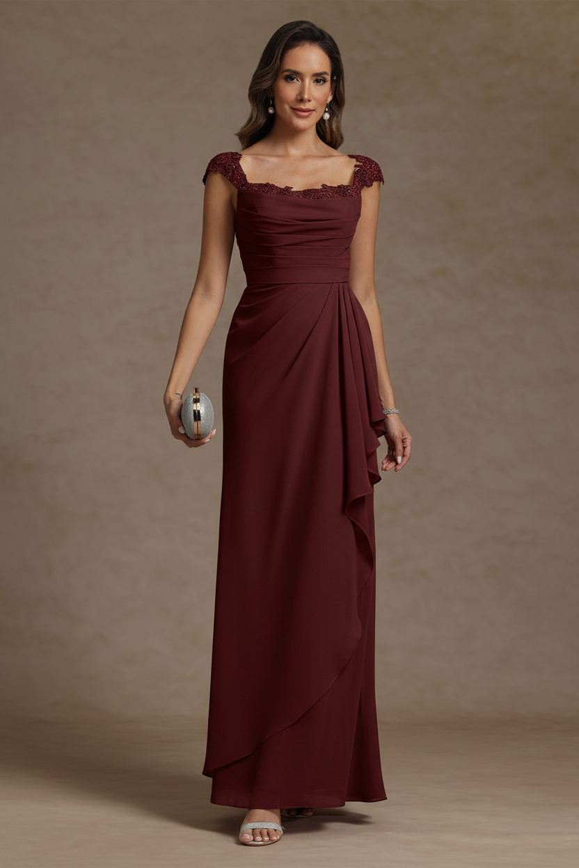 Sheath/Column Square Collar Chiffon Mother of the Bride Dresses Floor-Length Ruffles Ruched Sleeveless Lace