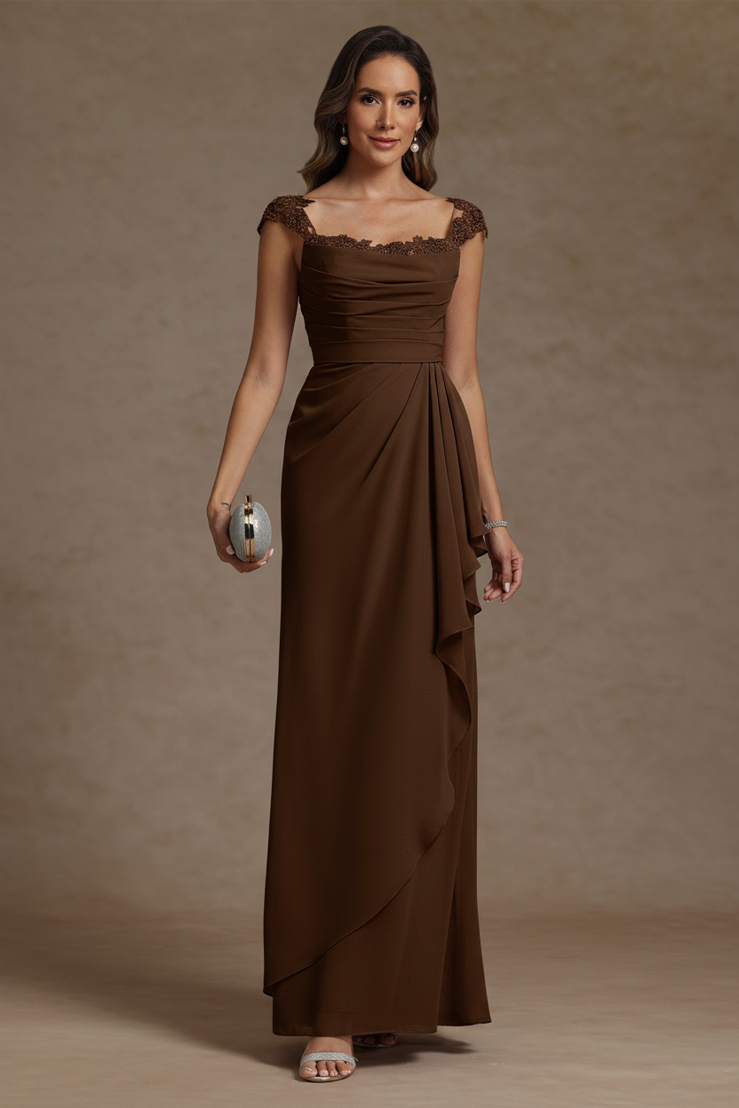 Sheath/Column Square Collar Chiffon Mother of the Bride Dresses Floor-Length Ruffles Ruched Sleeveless Lace