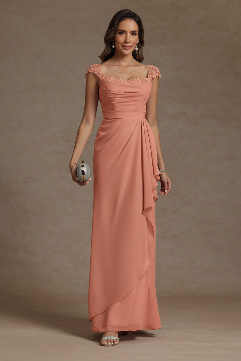 Sheath/Column Square Collar Chiffon Mother of the Bride Dresses Floor-Length Ruffles Ruched Sleeveless Lace