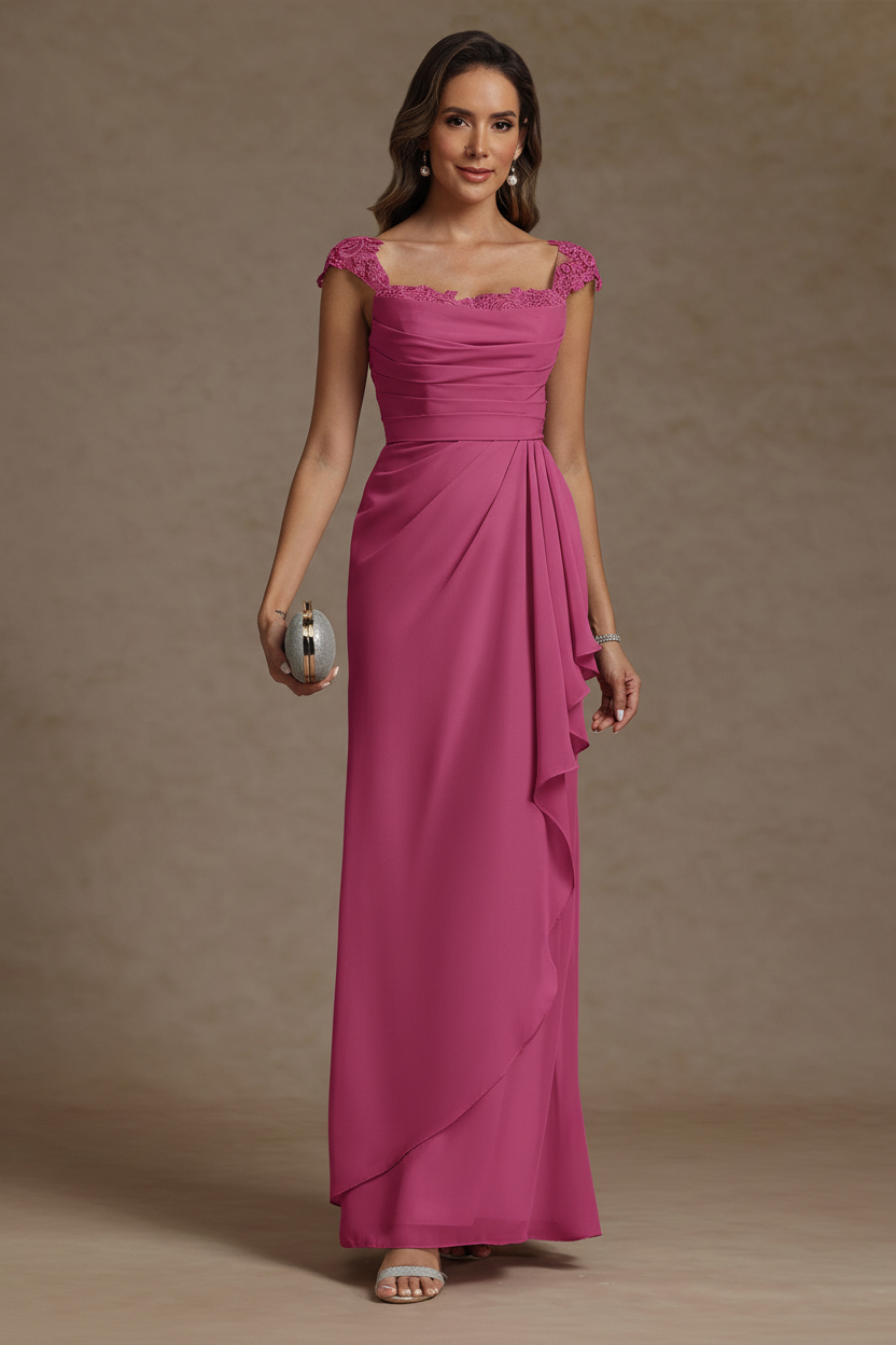 Sheath/Column Square Collar Chiffon Mother of the Bride Dresses Floor-Length Ruffles Ruched Sleeveless Lace
