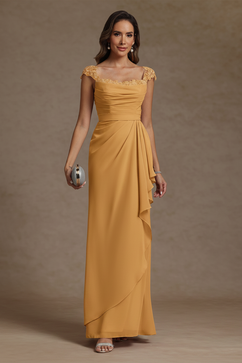 Sheath/Column Square Collar Chiffon Mother of the Bride Dresses Floor-Length Ruffles Ruched Sleeveless Lace
