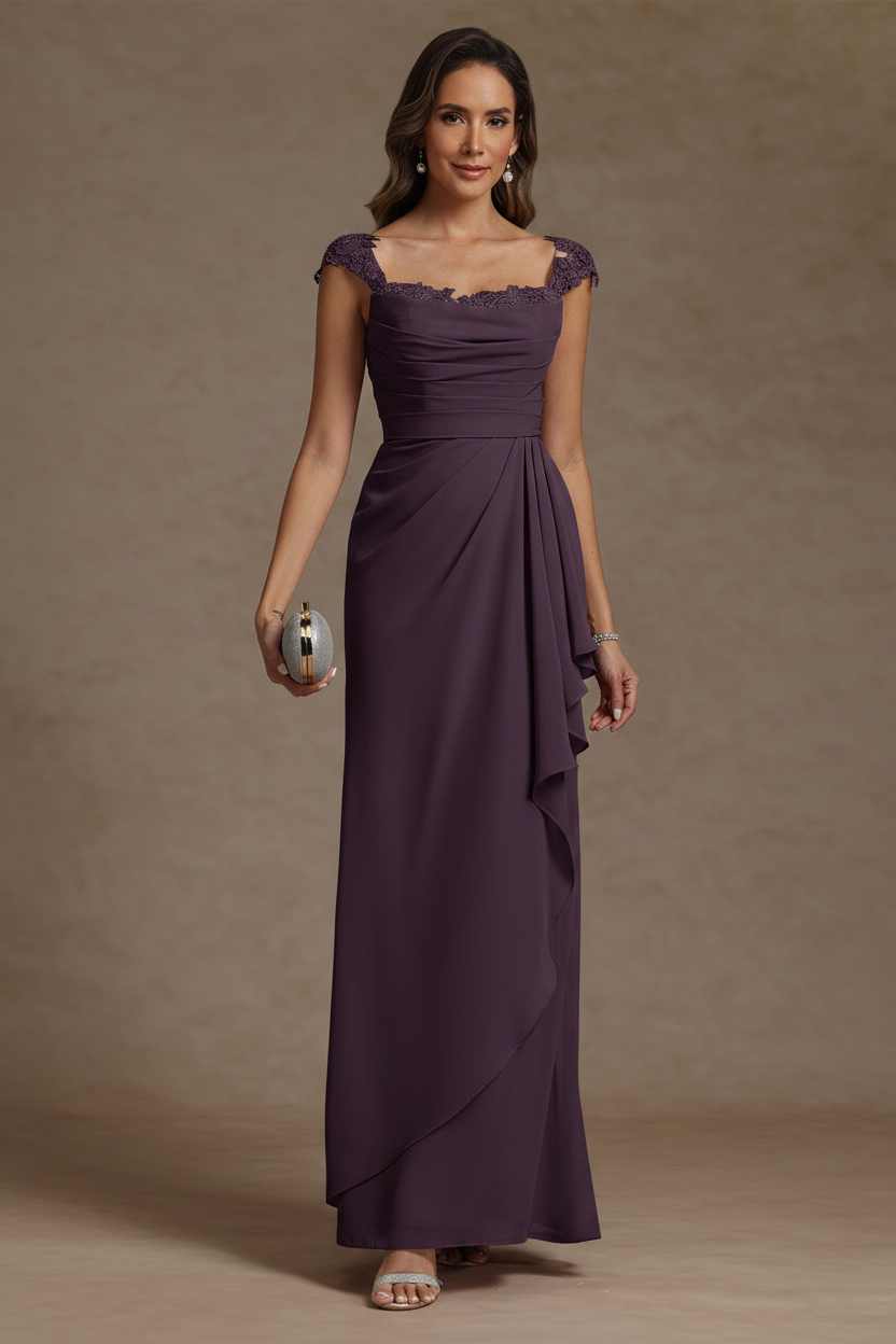 Sheath/Column Square Collar Chiffon Mother of the Bride Dresses Floor-Length Ruffles Ruched Sleeveless Lace