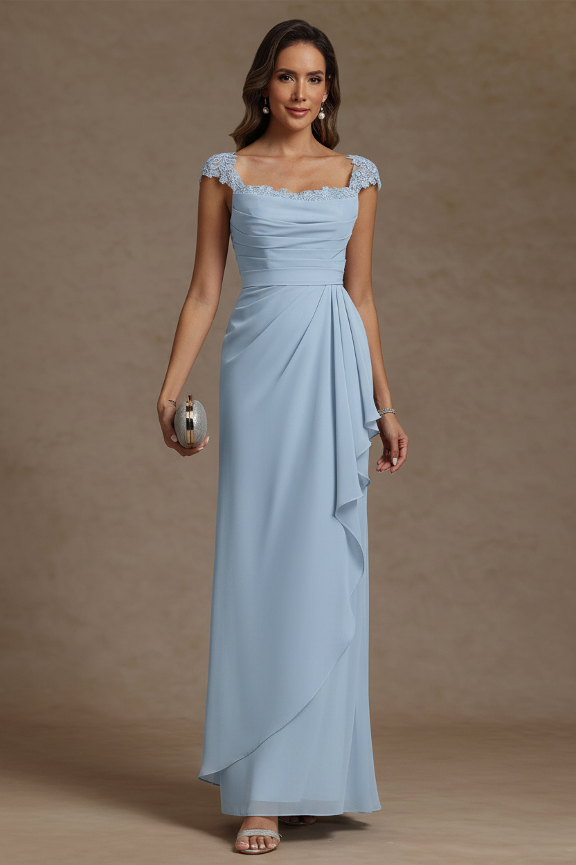 Sheath/Column Square Collar Chiffon Mother of the Bride Dresses Floor-Length Ruffles Ruched Sleeveless Lace