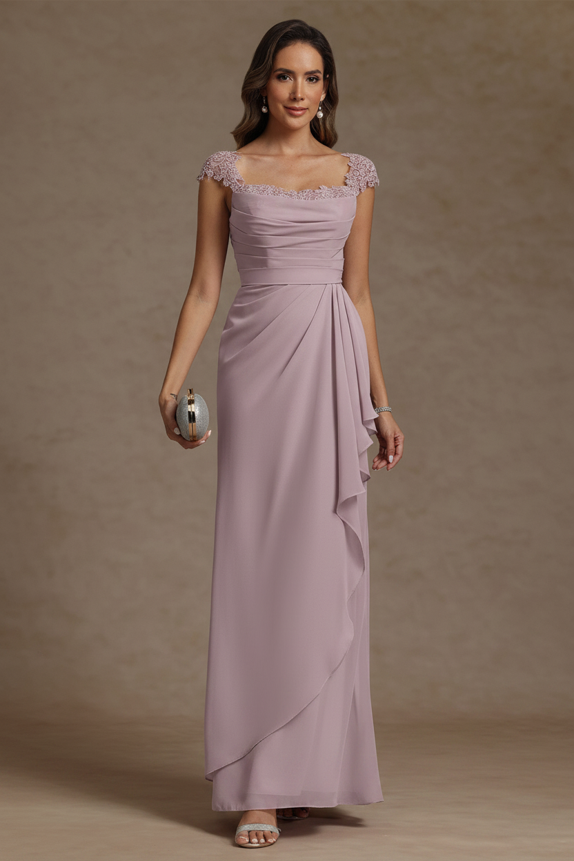 Sheath/Column Square Collar Chiffon Mother of the Bride Dresses Floor-Length Ruffles Ruched Sleeveless Lace