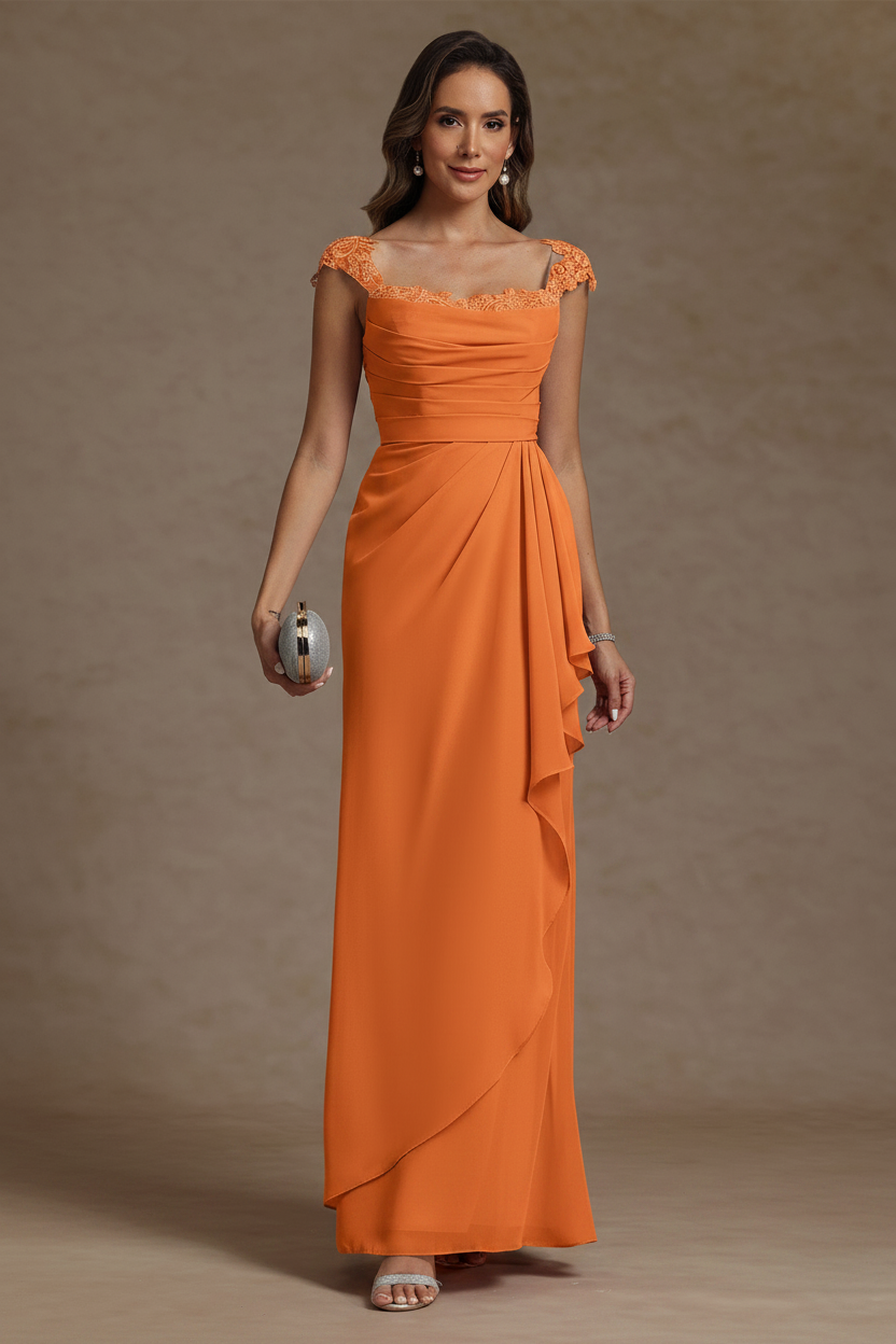Sheath/Column Square Collar Chiffon Mother of the Bride Dresses Floor-Length Ruffles Ruched Sleeveless Lace