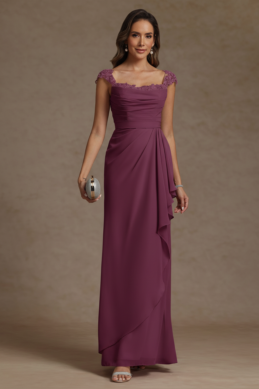 Sheath/Column Square Collar Chiffon Mother of the Bride Dresses Floor-Length Ruffles Ruched Sleeveless Lace