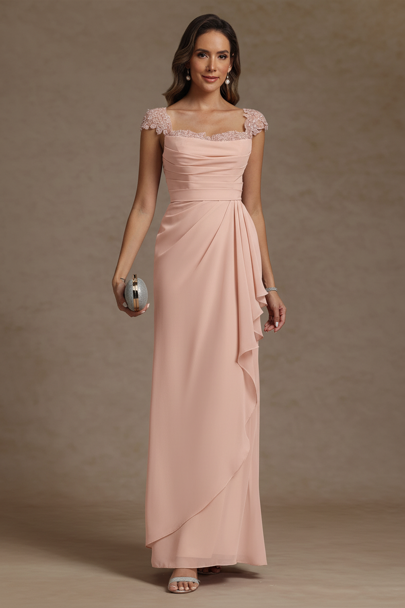 Sheath/Column Square Collar Chiffon Mother of the Bride Dresses Floor-Length Ruffles Ruched Sleeveless Lace