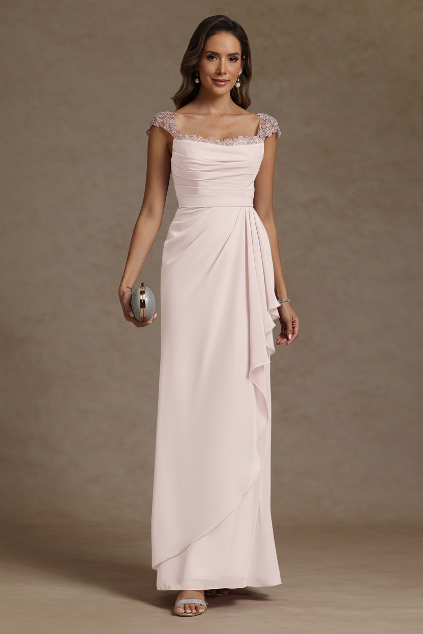 Sheath/Column Square Collar Chiffon Mother of the Bride Dresses Floor-Length Ruffles Ruched Sleeveless Lace