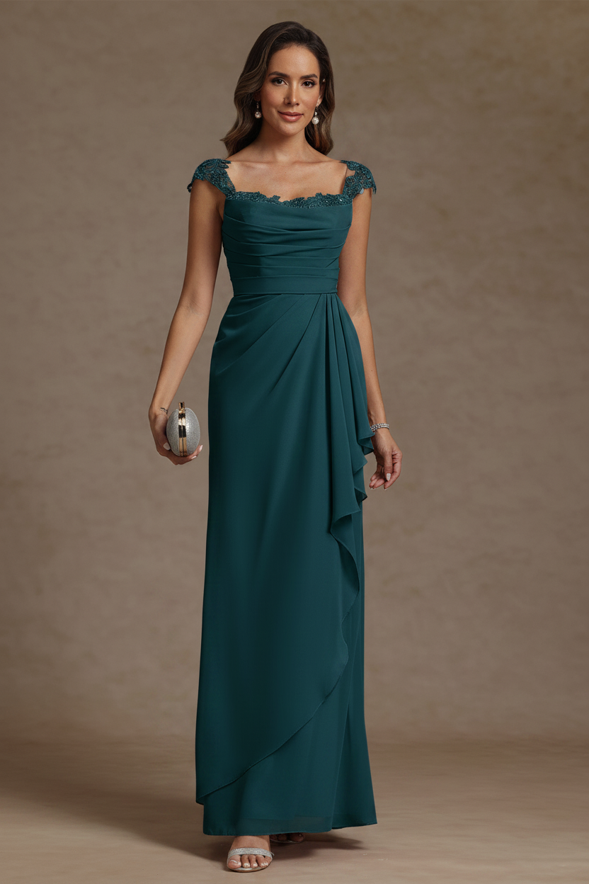 Sheath/Column Square Collar Chiffon Mother of the Bride Dresses Floor-Length Ruffles Ruched Sleeveless Lace