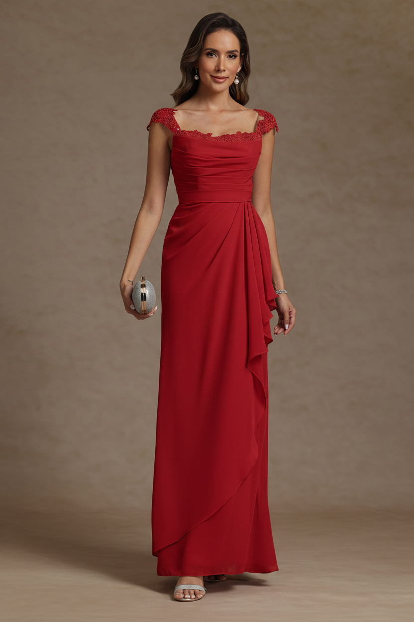 Sheath/Column Square Collar Chiffon Mother of the Bride Dresses Floor-Length Ruffles Ruched Sleeveless Lace