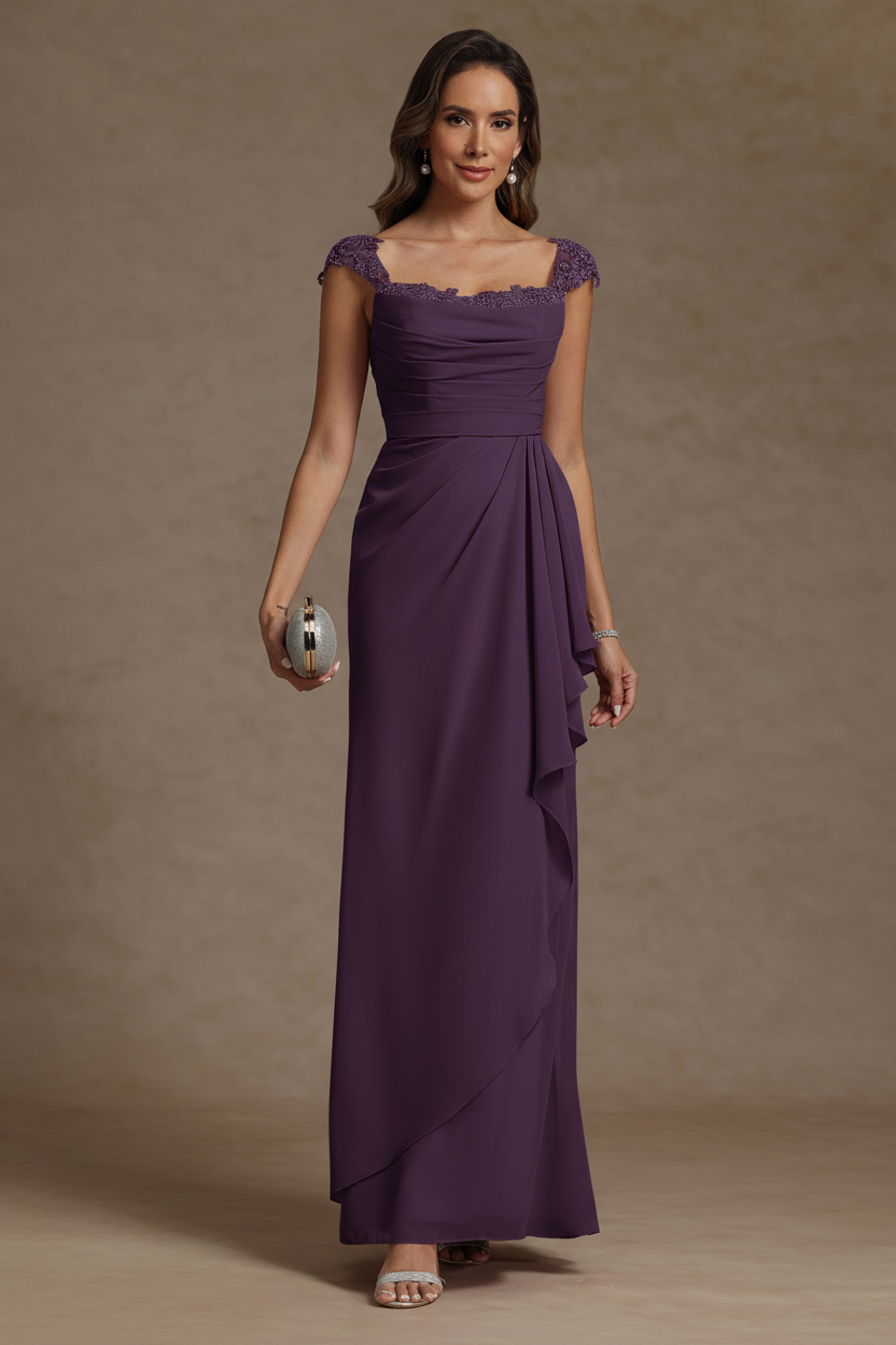 Sheath/Column Square Collar Chiffon Mother of the Bride Dresses Floor-Length Ruffles Ruched Sleeveless Lace