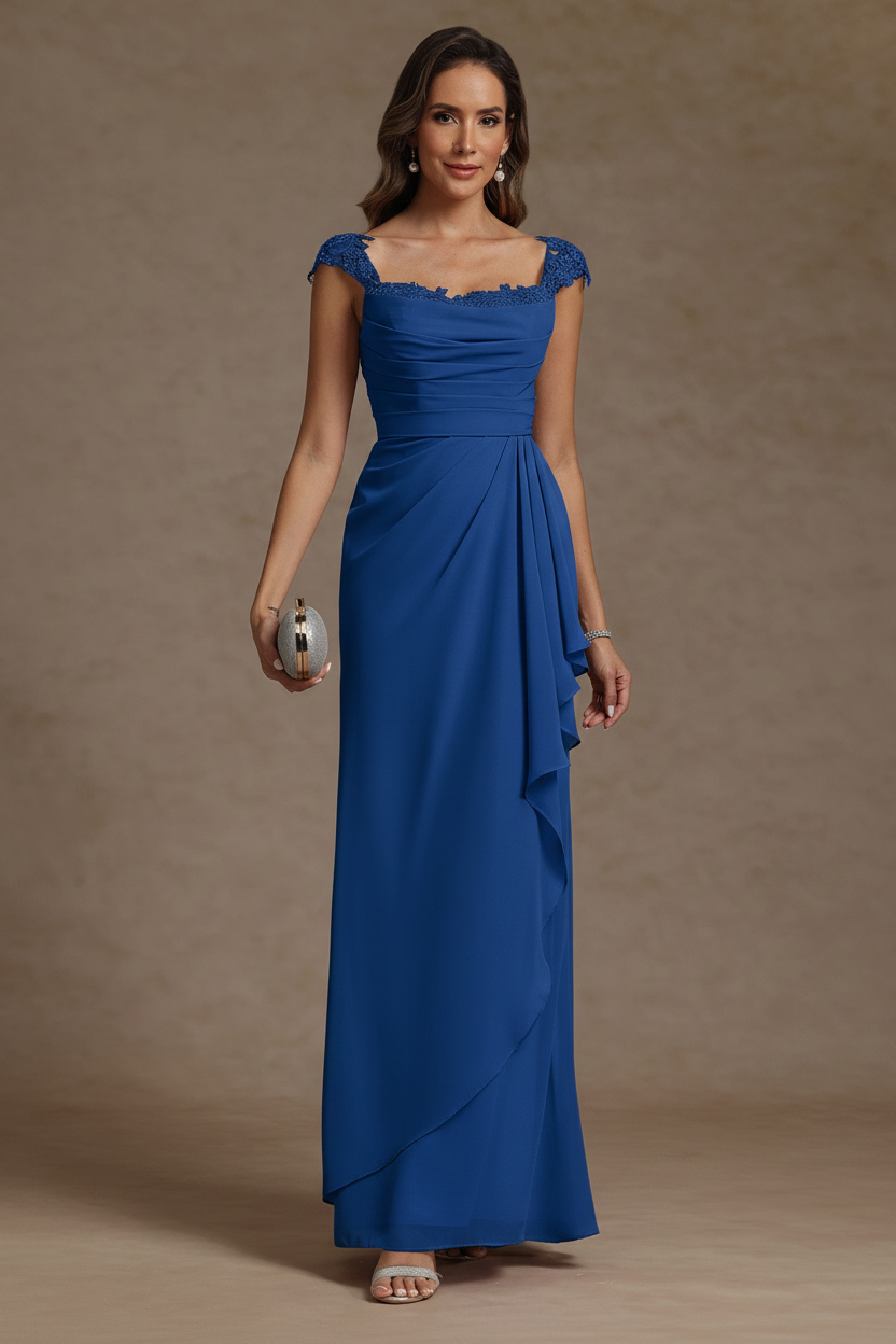 Sheath/Column Square Collar Chiffon Mother of the Bride Dresses Floor-Length Ruffles Ruched Sleeveless Lace